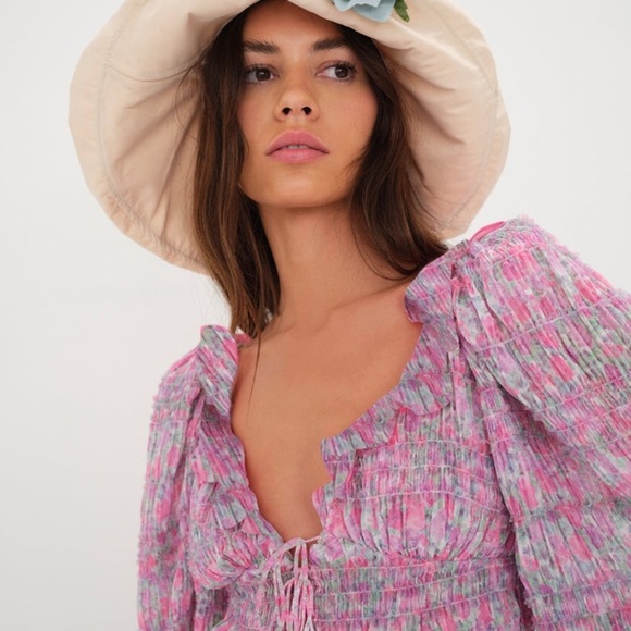 For Love and Lemons Saylor Blouse in Pink Balloon Pleats Sleeves Size XS - Picture 4 of 12